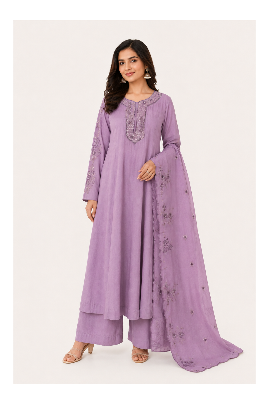 Lilac Grace Embroidered A-line kurti Set