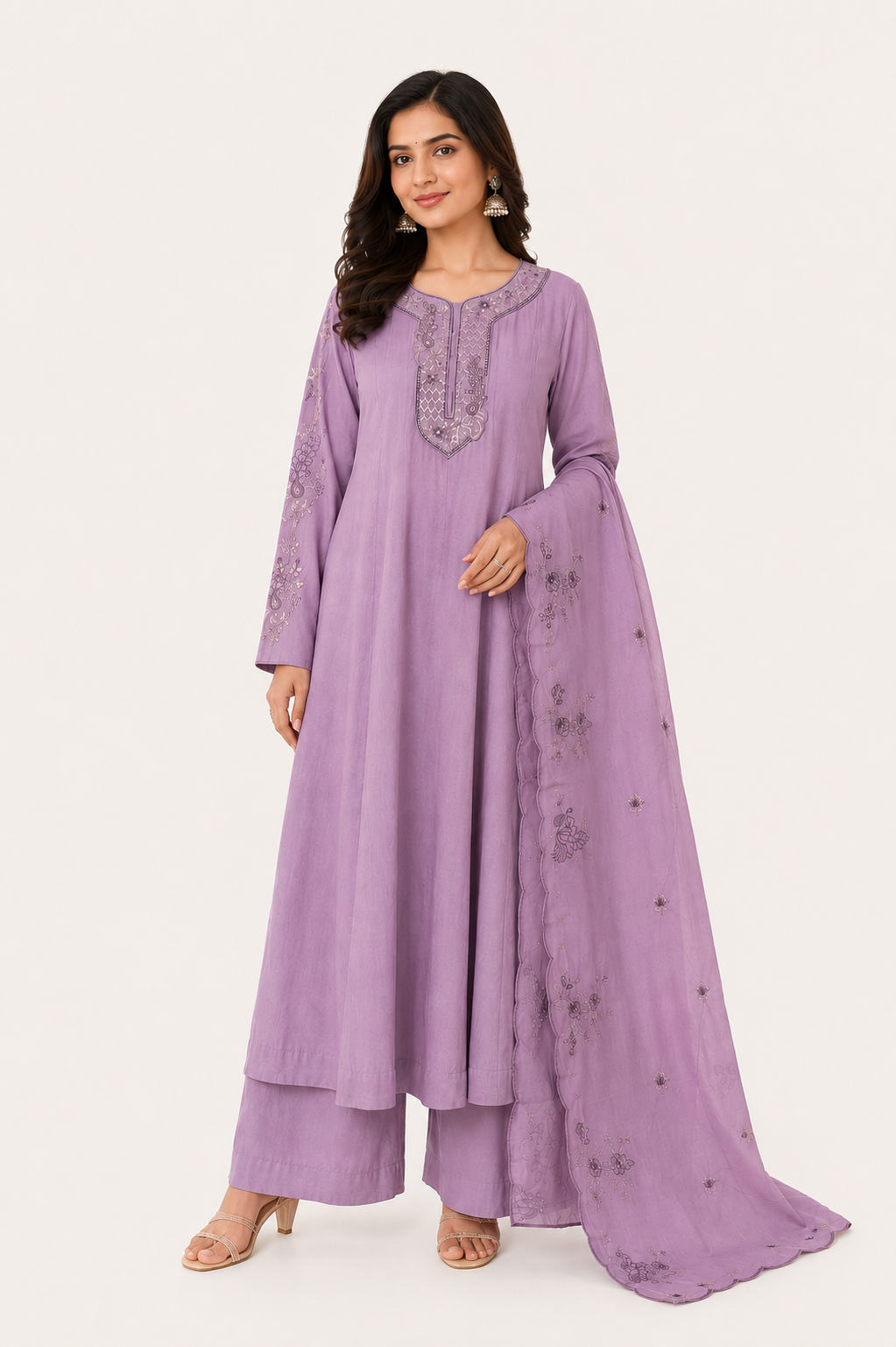Lilac Grace Embroidered A-line kurti set