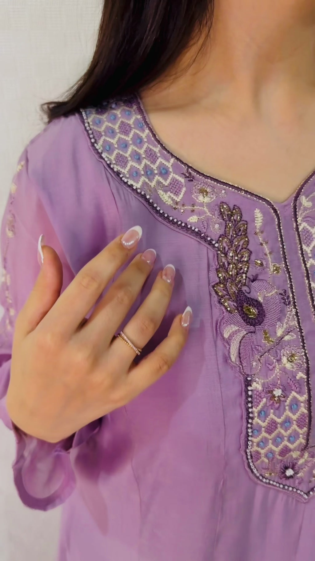 Lilac Grace Embroidered A-line kurti Set