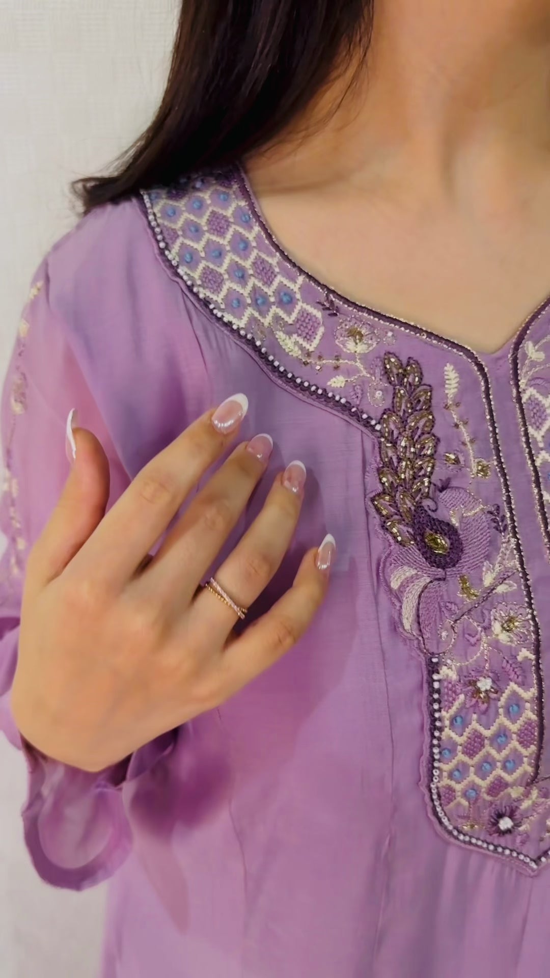 Lilac Grace Embroidered A-line kurti Set
